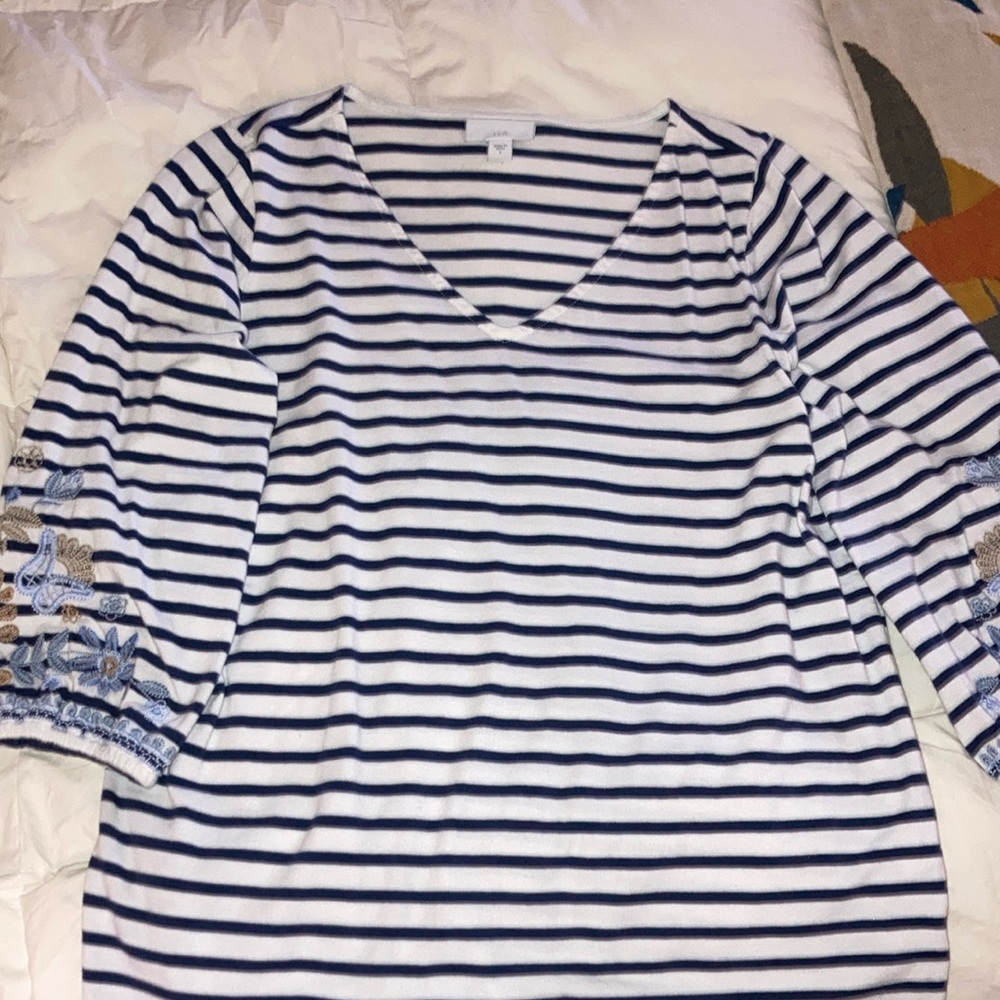 JJill Navy and White Striped V- Neck, 3/4 Sleeve Blouse
